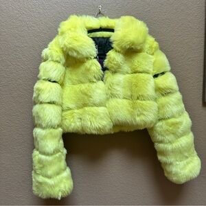 Highlighter yellow green faux fur jacket
